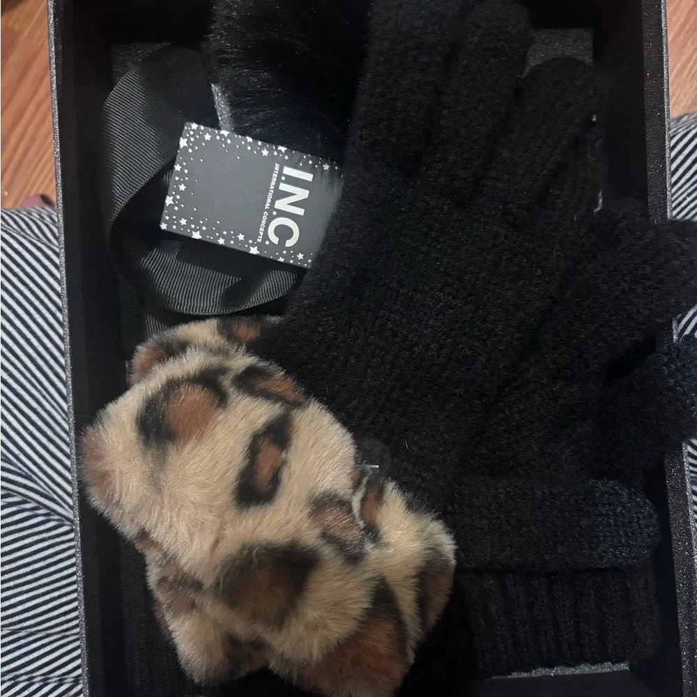 INC Beanie & Faux Fur Gloves Gift Set Black Pom Pom NIB